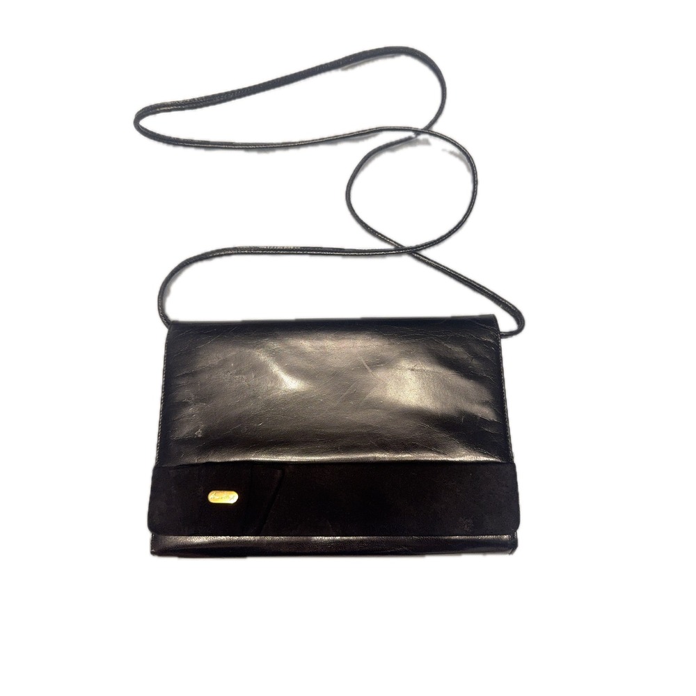 Bruno Magli Bologna Made in Italy Black Leather Suede Convertible Crossbody‎ Bag